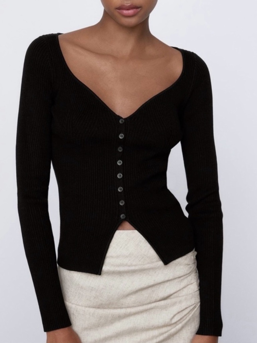 ZARA NWT SWEETHEART NECKLINE BLACK BUTTON DOWN KNIT CARDIGAN SIZE M